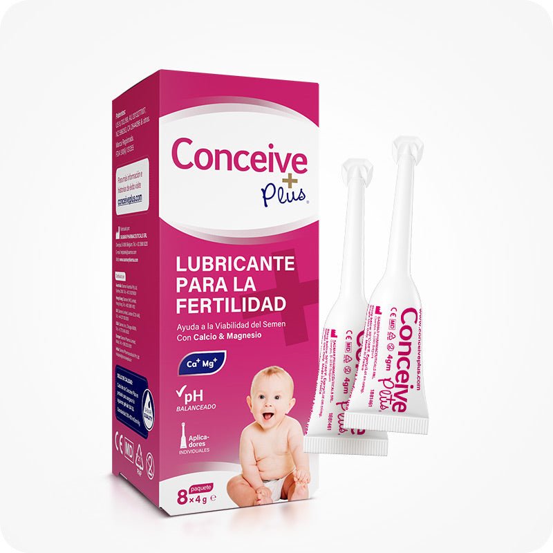 For Conceive Plus Fertility Lubricant Applicators (ES), image features a Spanish-language 8-pack box alongside three pre-filled applicators. The pink and white box highlights key benefits such as pH balance and calcium-magnesium ions to support sperm viability. A baby image reinforces the product’s purpose for couples aiming to conceive.