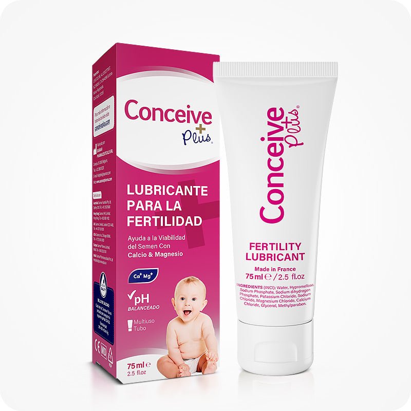 For Conceive Plus Fertility Lubricant Tube (ES), the image shows 75ml fertility lubricant in Spanish packaging. Tube stands beside a pink and white retail box labeled “Lubricante Para La Fertilidad,” highlighting sperm viability support with calcium and magnesium ions, pH balance, and multi-use format. A baby image at the bottom reinforces its intended use for couples trying to conceive.