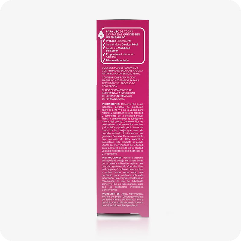 For Conceive Plus Fertility Lubricant Tube (ES), the image shows Spanish-labeled side panel of 75ml box with benefits for couples trying to conceive, like calcium and magnesium ion content, isotonic pH balance, and cervical mucus simulation. It cover usage directions, compatibility with sperm and condoms, and a list of ingredients—all printed in white text over a pink background.