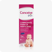 For Conceive Plus Fertility Lubricant Tube (ES), the image features the Spanish-language retail box of 75ml lubricant tube, displayed upright with vibrant pink and white branding. The box highlights sperm viability support with calcium and magnesium ions, pH balance, and multi-use tube benefits, accompanied by a baby image to signify use for couples trying to conceive.