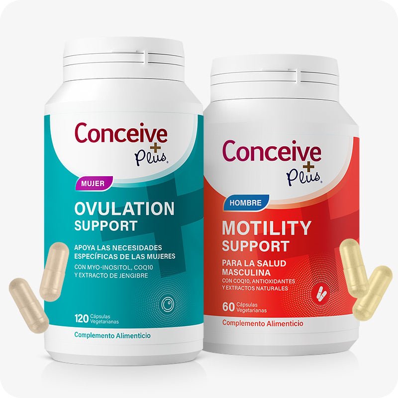 Conceive Plus Motility & Ovulation Support (ES) supplement bundle for male and female reproductive support showing a teal bottle labeled "Ovulation Support Mujer" and a red bottle labeled "Motility Support Hombre," placed side by side with two beige ovulation capsules on the left and two yellowish motility capsules on the right, set against a white background.