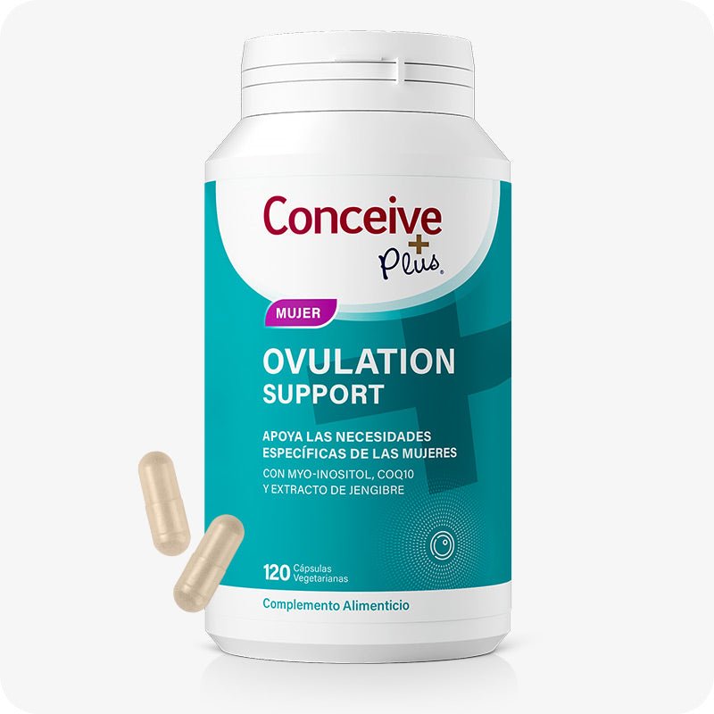 Conceive Plus Ovulation Bundle (ES) featuring Ovulation Support bottle in Spanish packaging with a teal label and two visible beige vegetarian capsules placed beside the bottle to illustrate supplement form.