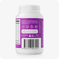 Conceive Plus Ovulation Bundle (ES) showing back label of the Women's Fertility Support bottle with visible Spanish instructions, nutritional values, icons for vegan and allergen-free properties, and a clearly displayed barcode for product identification.