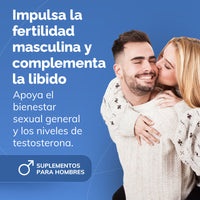 Advertisement for male health supplements with a couple embracing on a blue background