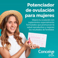 Woman holding a fertility chart with promotional text for Conceive Plus on a teal background