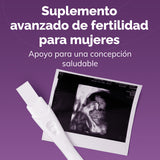 Ultrasound scan of a fetus with text about advanced fertility supplement for women on a purple background