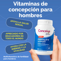 Conceive Plus fertility support supplement bottle held by a hand against a blue background with text in Spanish.