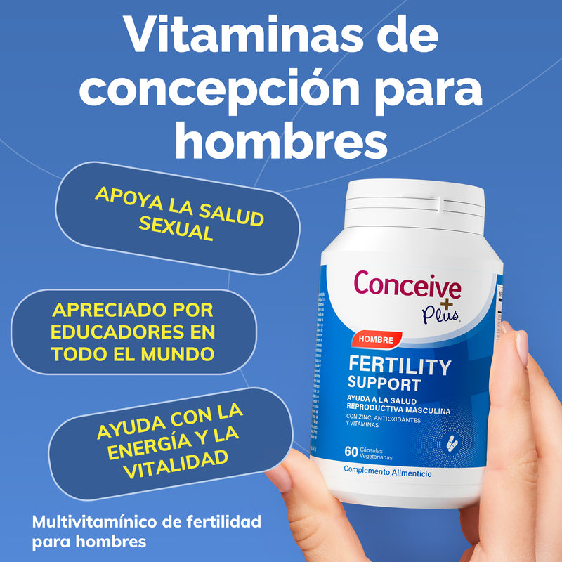 Conceive Plus fertility support supplement bottle held by a hand against a blue background with text in Spanish.