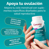 Conceive Plus ovulation support supplement bottle held by a hand with text on a teal background