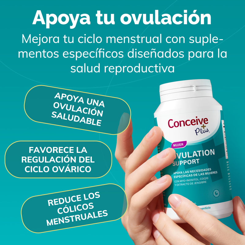 Conceive Plus ovulation support supplement bottle held by a hand with text on a teal background
