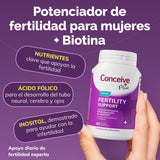 Conceive Plus fertility support supplement bottle with text on a purple background