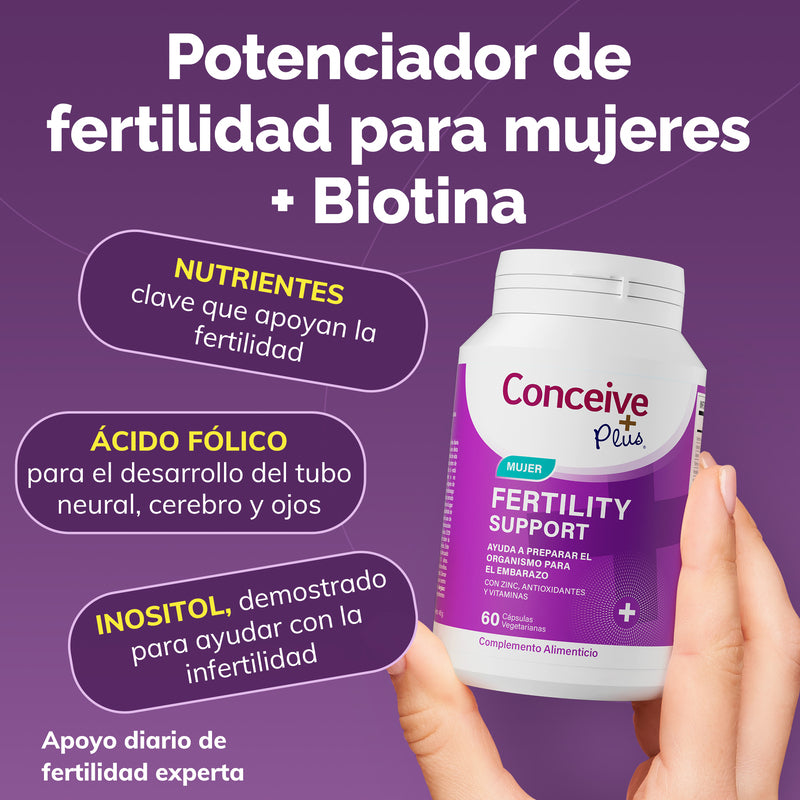 Conceive Plus fertility support supplement bottle with text on a purple background