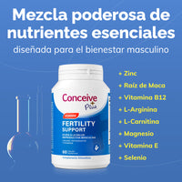 Conceive Plus fertility support supplement bottle with ingredients listed on a blue background