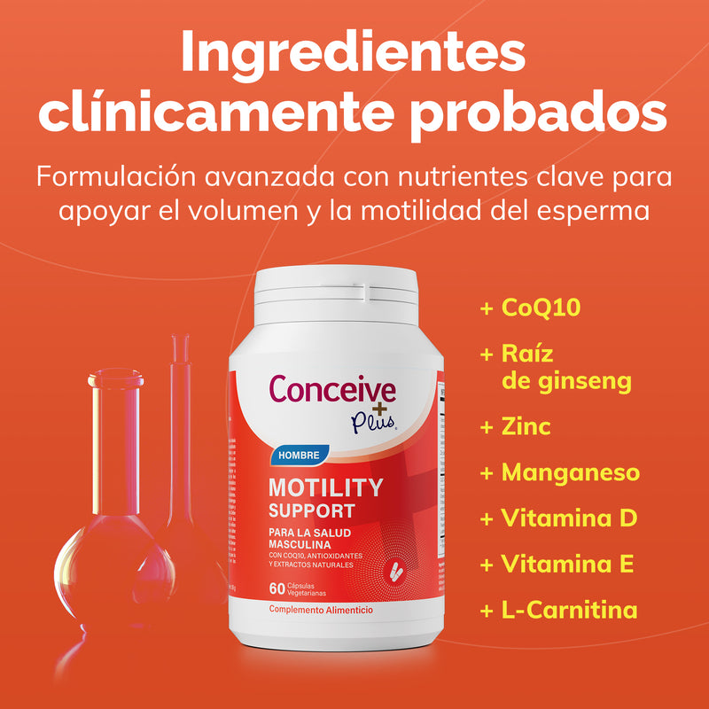 Supplement bottle labeled 'Conceive Plus' on an orange background with text about clinical ingredients.