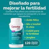 Conceive Plus supplement bottle with text on a teal background