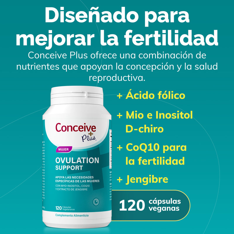 Conceive Plus supplement bottle with text on a teal background