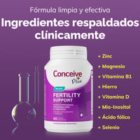 Supplement bottle labeled 'Conceive Plus' on a purple background with text about ingredients and clinical support.
