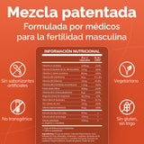 Nutritional information label for a medical formulation for male fertility on an orange background