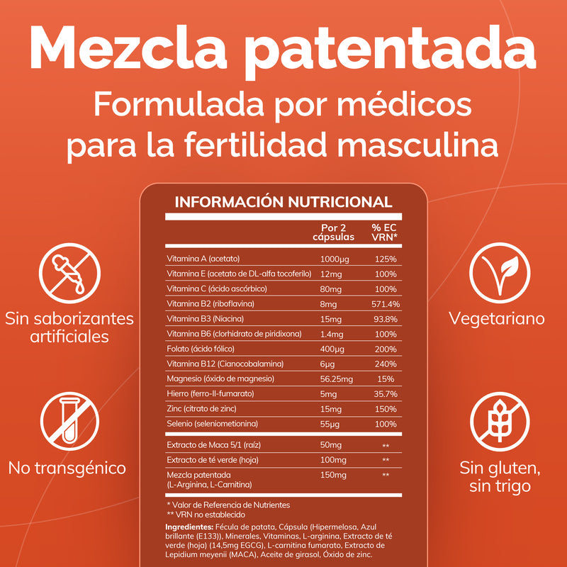Nutritional information label for a medical formulation for male fertility on an orange background
