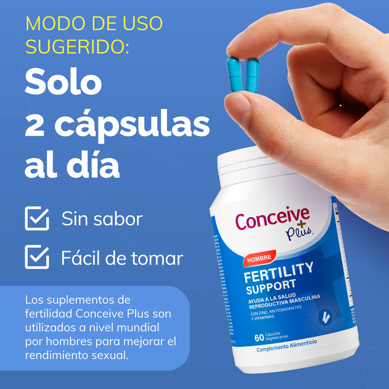 Conceive Plus fertility support supplement bottle with a hand holding capsules against a blue background