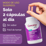 Conceive Plus fertility support supplement bottle with a hand holding a capsule on a purple background