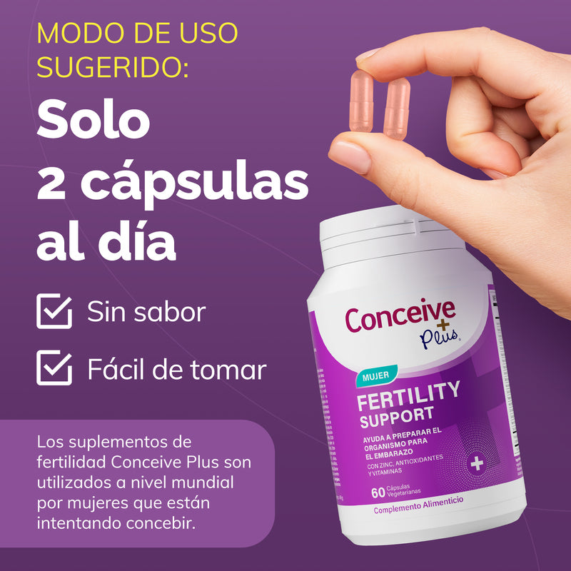 Conceive Plus fertility support supplement bottle with a hand holding a capsule on a purple background
