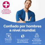 Man in blue jacket with text about fertility pills and sperm boosters on a blue and white background