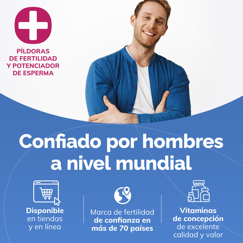 Man in blue jacket with text about fertility pills and sperm boosters on a blue and white background
