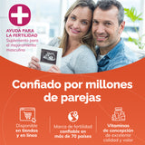 Advertisement for fertility supplements with a couple holding an ultrasound and text in Spanish.