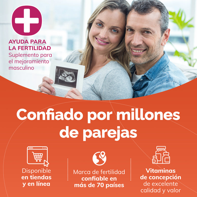 Advertisement for fertility supplements with a couple holding an ultrasound and text in Spanish.