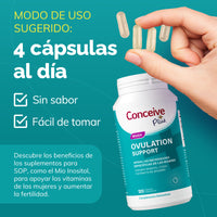 Conceive Plus ovulation support supplement with capsules and text on a teal background