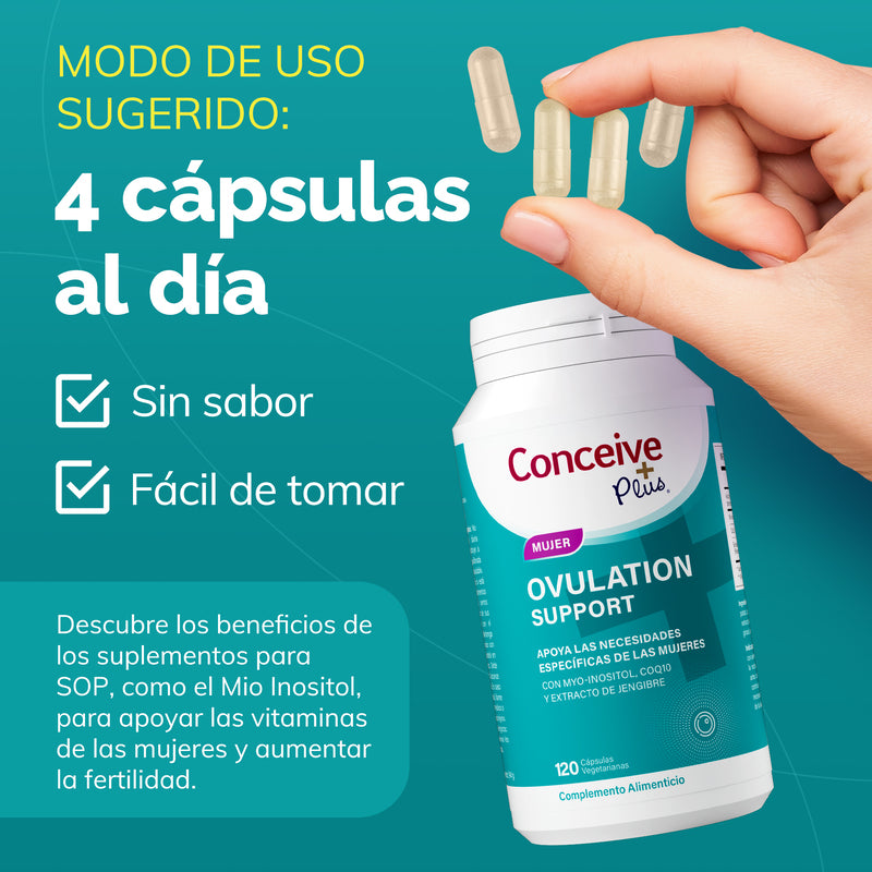 Conceive Plus ovulation support supplement with capsules and text on a teal background