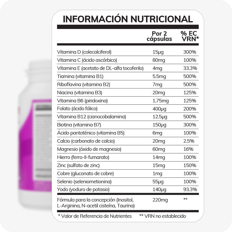 Conceive Plus Couples Bundle Fertility Support (ES) close-up of Women’s supplement nutritional table in Spanish, listing daily values of vitamins, minerals, and conception support formula per 2 capsules.