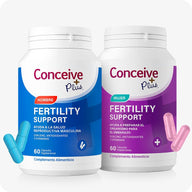 Conceive Plus Couples Bundle Fertility Support (ES) pack with Men’s and Women’s fertility supplements, showing both bottles side by side with corresponding blue and pink capsules.
