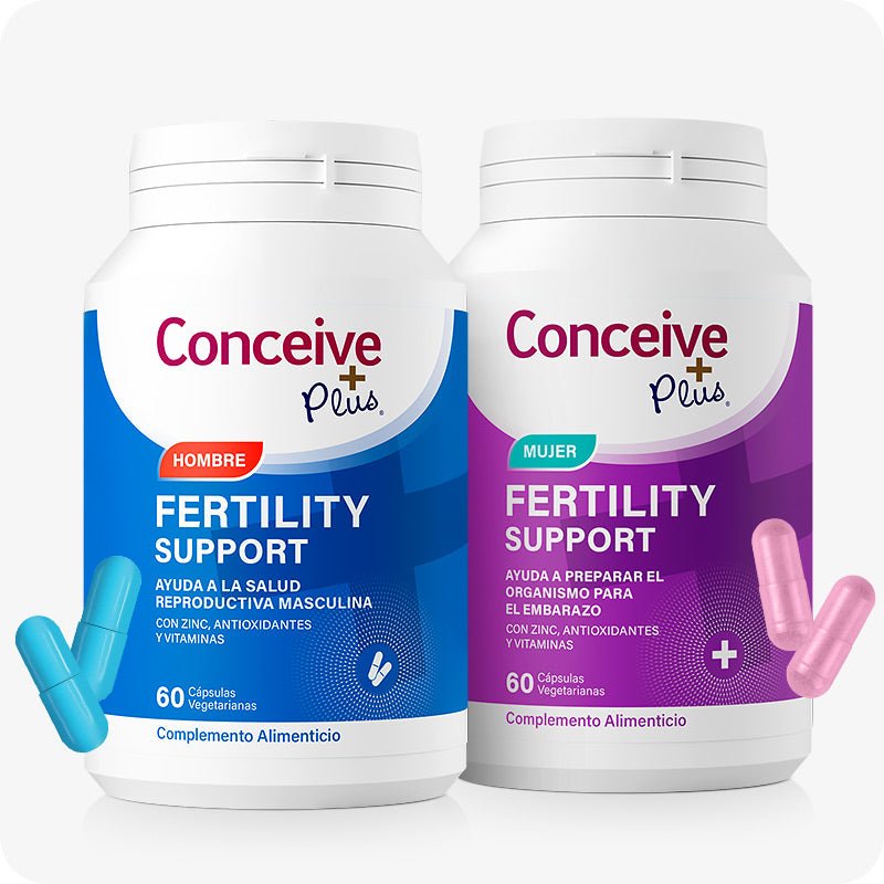 Conceive Plus Couples Bundle Fertility Support (ES) pack with Men’s and Women’s fertility supplements, showing both bottles side by side with corresponding blue and pink capsules.