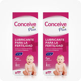 Conceive Plus Fertility Lubricant Pack (ES) twin-pack of 8x4 prefilled applicator boxes, displayed with identical magenta packaging, Spanish text, baby illustrations, and icons for pH balance and essential minerals.





