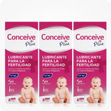 Conceive Plus Fertility Lubricant Pack (ES) triple-pack of 8x4 prefilled applicator boxes for comprehensive fertility support, displayed with three identical magenta packages in Spanish, each showing a baby image and icons for pH balance and essential minerals.