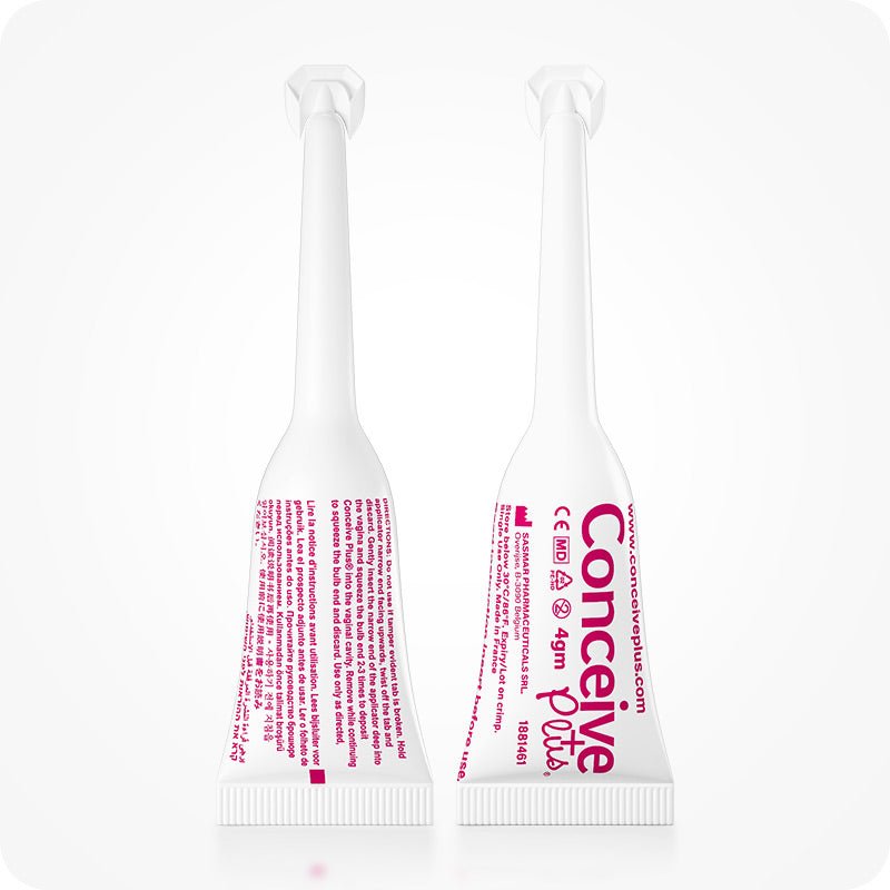 Conceive Plus Fertility Lubricant Pack (ES) with two prefilled applicators shown front and back for individual use, featuring white medical-grade plastic tubes with pink labeling, CE and MD symbols, and Spanish product information.
