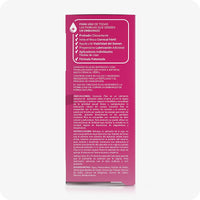 Conceive Plus Fertility Lubricant Pack (ES) side panel of 8x4 applicators box with product benefits, usage instructions, and ingredients in Spanish, displayed in a magenta layout featuring a checklist of clinical claims and detailed fertility support guidance.