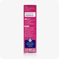 Conceive Plus Fertility Lubricant Pack (ES) back panel of 75ml box with manufacturing and distribution details, shown with magenta background, white regulatory icons, multilingual contact information, and SASMAR quality seal.