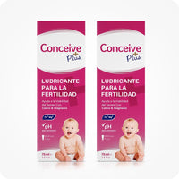Conceive Plus Fertility Lubricant Pack (ES) twin-pack with two 75ml boxes, shown with matching magenta packaging, Spanish labeling, baby graphics, and icons for pH balance and essential minerals.