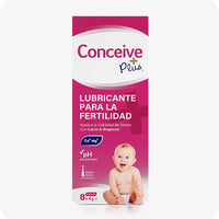 Conceive Plus Fertility Lubricant Pack (ES) showing front of 8x4 prefilled applicators box designed for individual use, displayed in magenta with Spanish labeling, pH and mineral icons, and a smiling baby graphic at the bottom right.