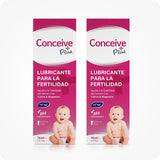 For Conceive Plus Fertility Lubricant Tube (ES), image features a two-pack display of 75ml boxes in Spanish. Packaging is pink and white, showcasing benefits like pH balance, calcium and magnesium ions, and sperm viability support. A baby image is placed at the bottom, visually reinforcing product’s purpose for couples trying to conceive.