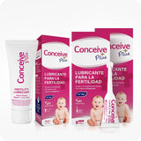 Conceive Plus Max Combo - Fertility Lubricant Pack (ES) bundle with 75ml tube and two 8x4g applicator boxes, displayed with magenta Spanish packaging, upright single-use applicator, white lubricant tube, and baby illustrations.