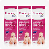 Conceive Plus Max Combo - Fertility Lubricant Pack (ES) showing three 75ml lubricant Spanish-labeled boxes in magenta with calcium-magnesium ion icons and pH symbols, each featuring a baby image on the lower panel.