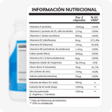 Conceive Plus Maximum Fertility Bundle (ES) Men’s Fertility Support detailed nutritional label showing vitamins, minerals, maca, green tea extract, and amino acid blend in Spanish — image displays a white boxed table listing per-serving quantities and daily values of key nutrients like vitamin A, B12, folate, zinc, and L-arginine, with blue product bottle blurred in the background.