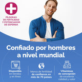 Man in blue jacket with text about fertility pills and sperm boosters on a blue and white background