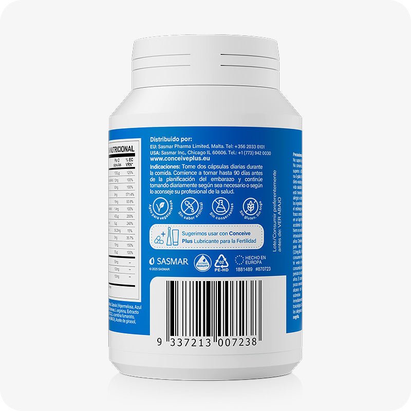 Conceive Plus Men's Fertility Support (ES) supplement bottle showing product information in Spanish. Image captures rear view of a blue and white container with instructions, nutritional values, manufacturer details, and a barcode, all set against a white background.