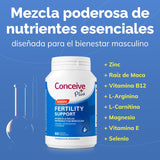 Conceive Plus fertility support supplement bottle with ingredients listed on a blue background