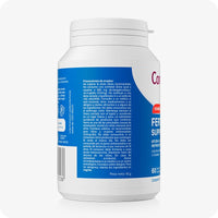 For Conceive Plus Men's Fertility Support + Fertility Lubricant (ES) showing side label of Fertility Support Hombre bottle. Image features detailed usage precautions in Spanish printed on blue label, with a partial view of front branding visible on a white background.
